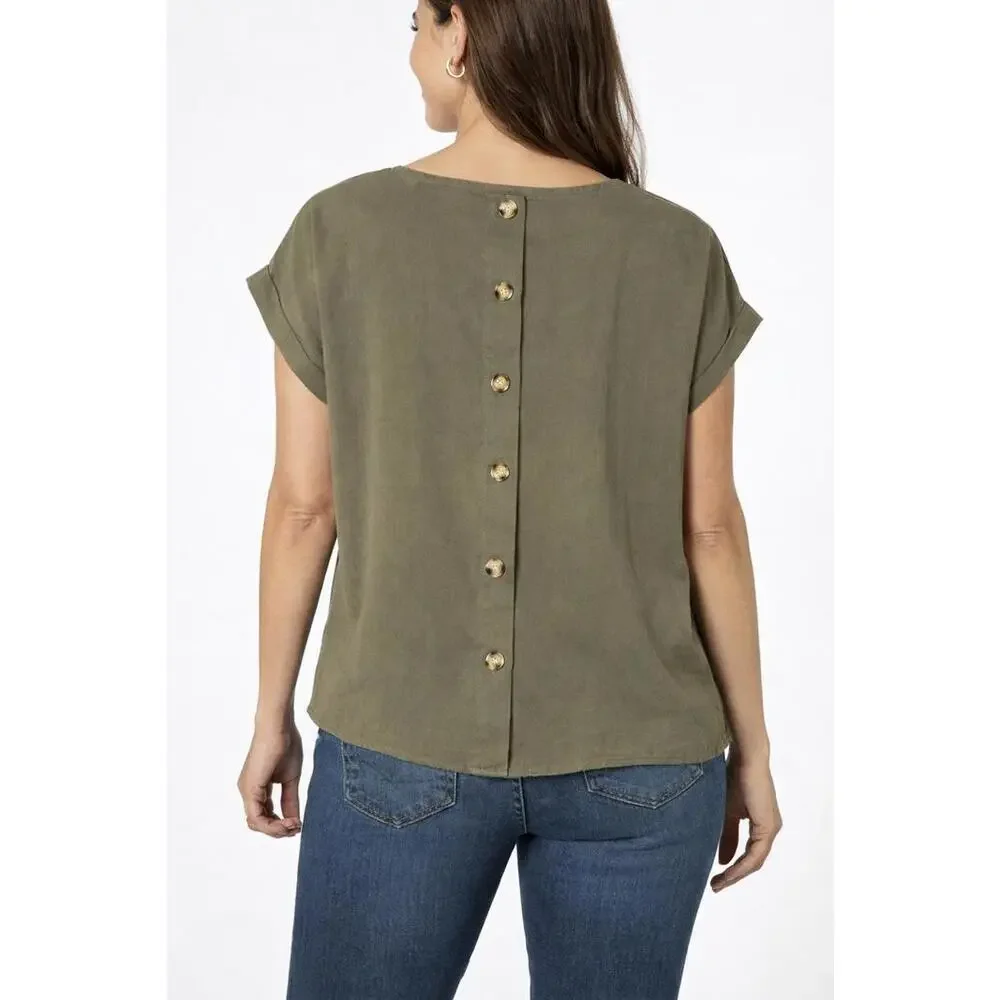 NWT Six/Fifty Olive Short Sleeve Pocket Top Button Back Blouse Size Medium - Picture 2 of 7